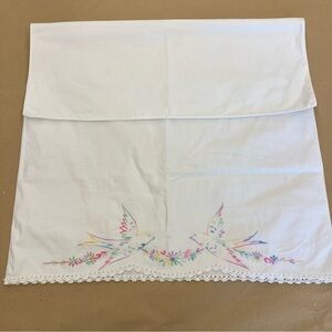 VTG Hand Embroidered Bright Bird Flowers Pillowcase Crocheted Trim Cottage Core
